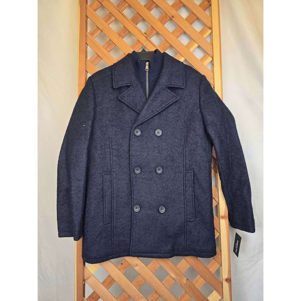 Kenneth Cole Pea Coat Mens Small Navy Blue Wool Blend Double Breasted - NEW